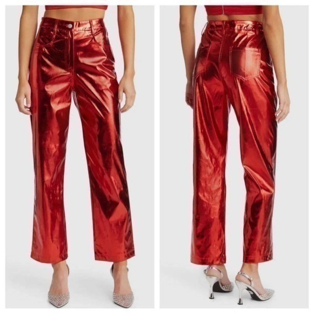 High-Shine Metallic Red Straight-Leg Pants — Women